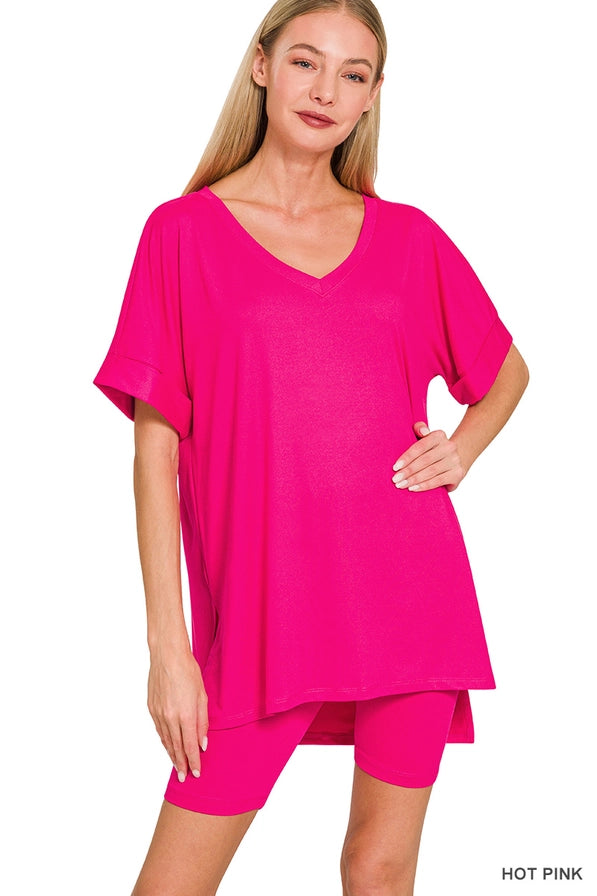 V-neck Top & Biker Shorts: HOT PINK