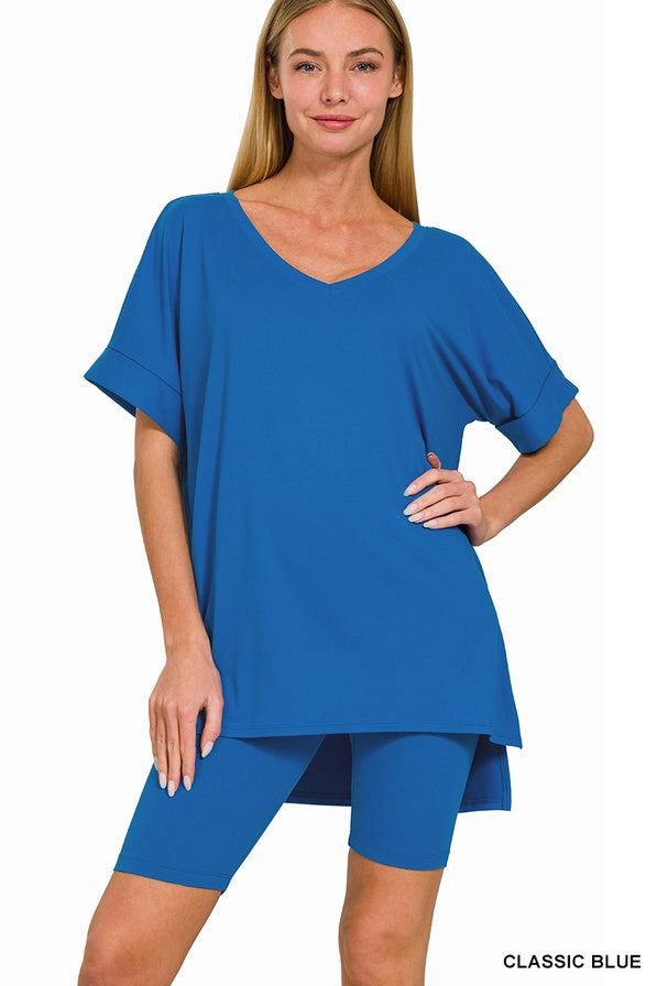 V-neck Top & Biker Shorts: CLASSIC BLUE