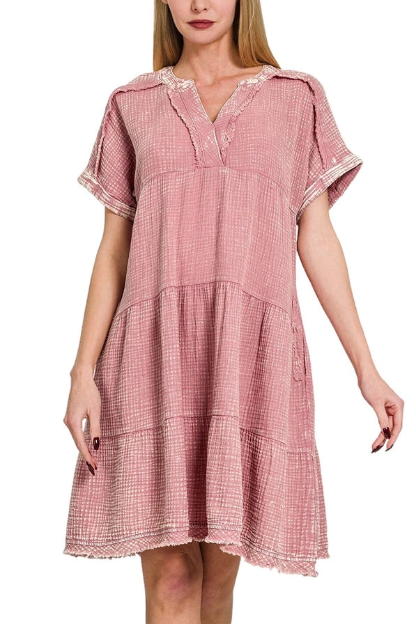 Washed Double Gauze Raw Edge V-neck Dress: LT ROSE