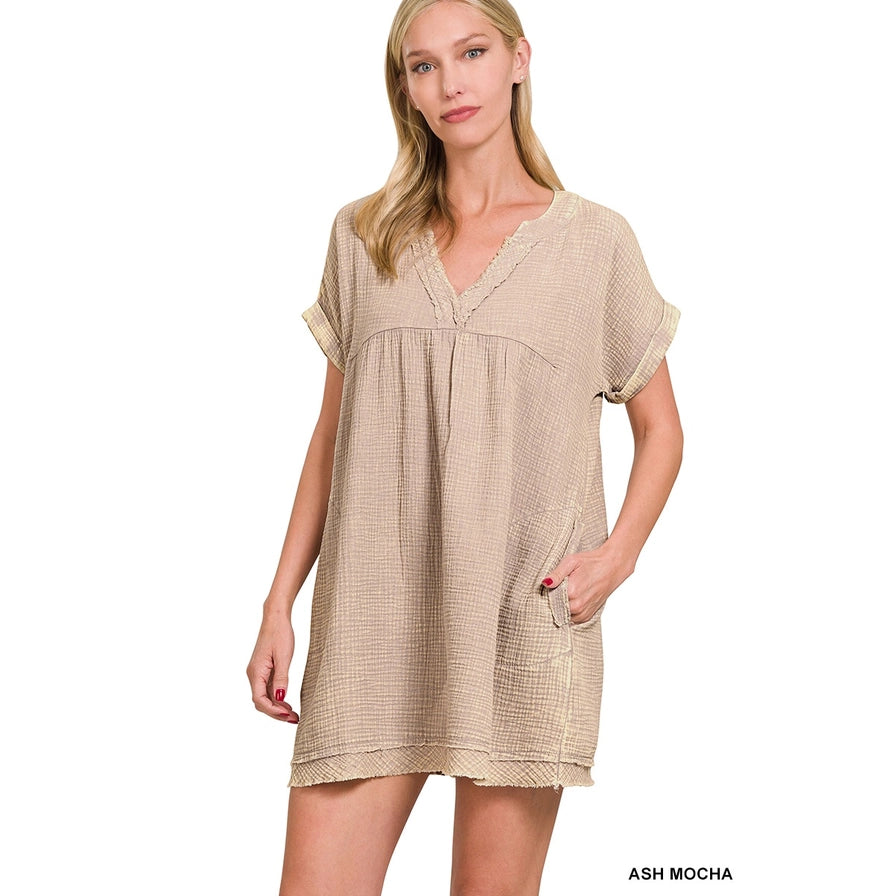 Washed Double Gauze Raw Edge V-neck Dress: ASH MOCHA,