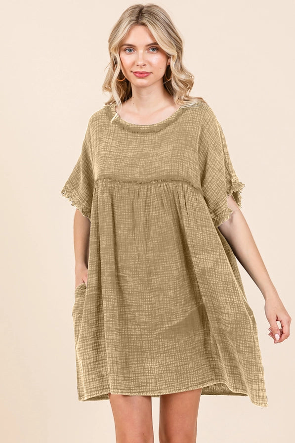 SCOOP NECK BABYDOLL RUCHING DRESS: ICED COFFEE