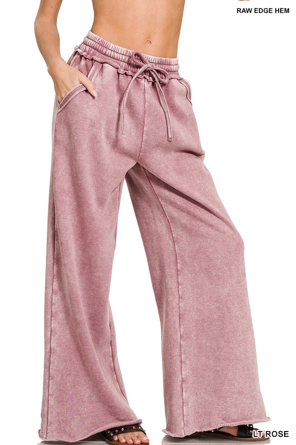 Acid Wash Fleece Sweatpants With Pockets  LT ROSE
