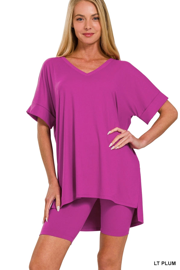 Plus V-Neck Top & Biker: LT PLUM
