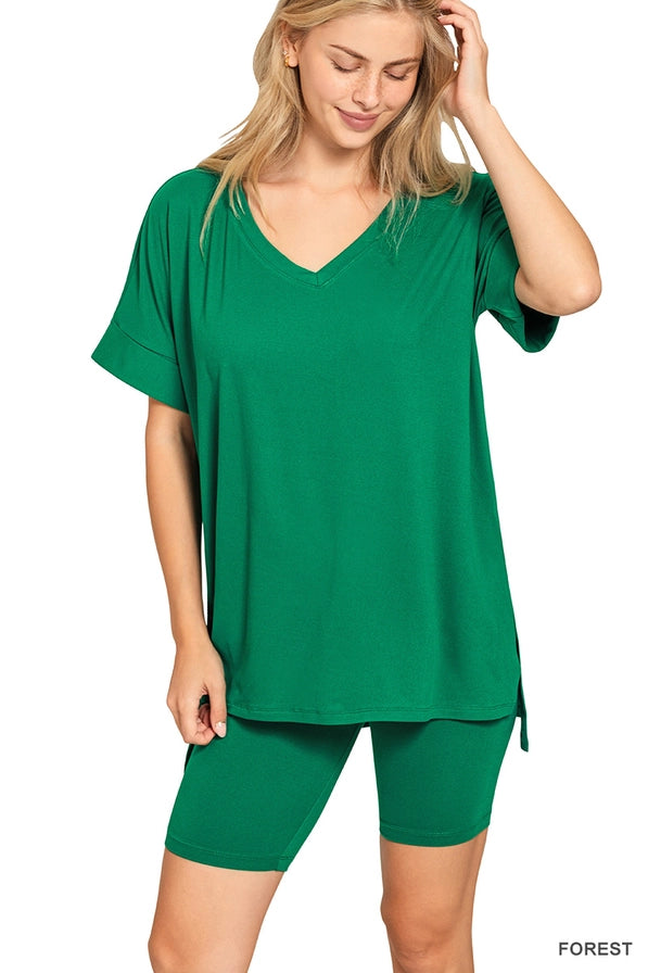 V-neck Top & Biker Shorts: FOREST