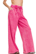 Acid Wash Fleece Sweatpants With Pockets  HOT PINK