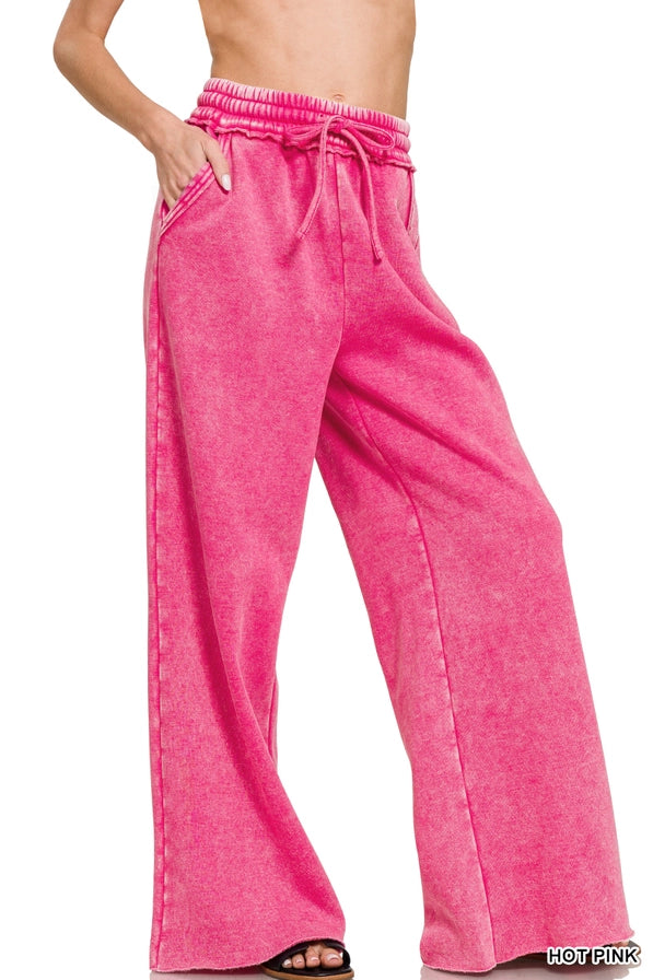 Acid Wash Fleece Sweatpants With Pockets  HOT PINK