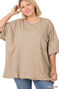 Plus Front Pocket Raw Edge Boyfriend Tee: SAND BEIGE