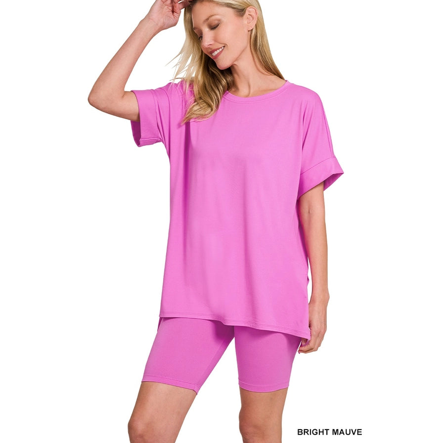 Round-neck Top & Biker Shorts: BRIGHT MAUVE