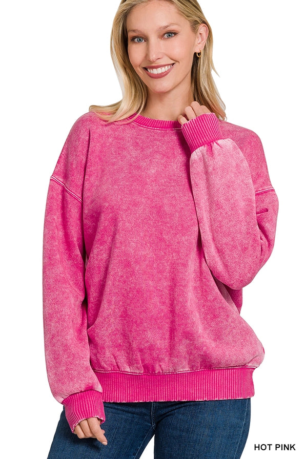 Acid Wash Fleece Oversized Pullover: HOT PINK