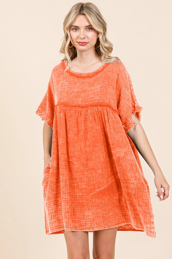 SCOOP NECK BABYDOLL RUCHING DRESS: MARMALADE