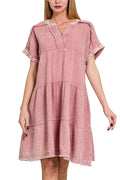 Washed Double Gauze Raw Edge V-neck Dress: LT ROSE