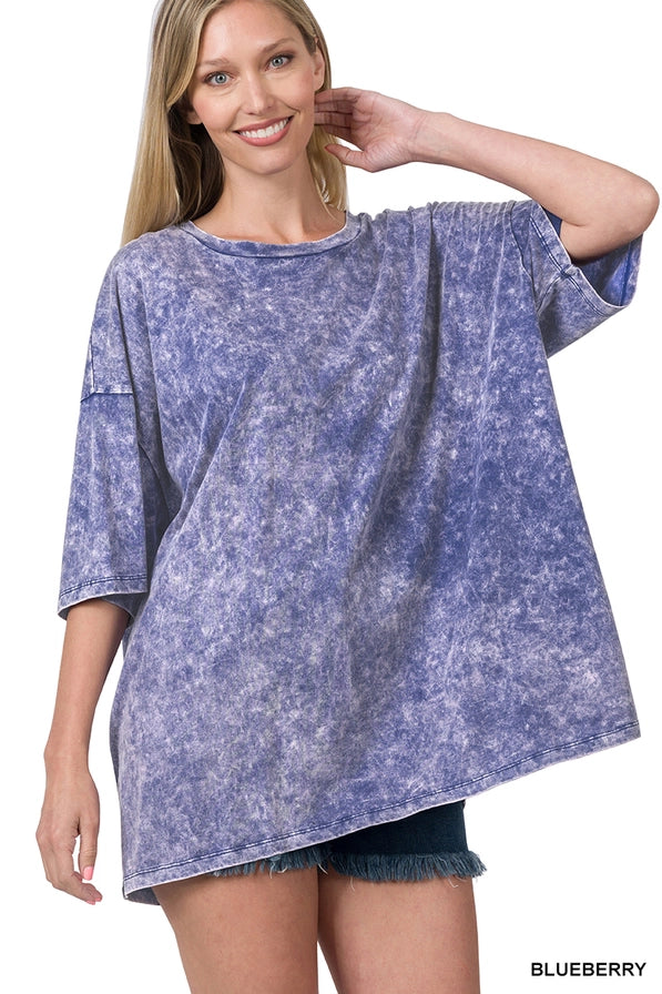 Acid Wash Cotton Oversized Tee: BLUEBERRY
