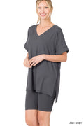 V-neck Top & Biker Shorts: ASH GREY