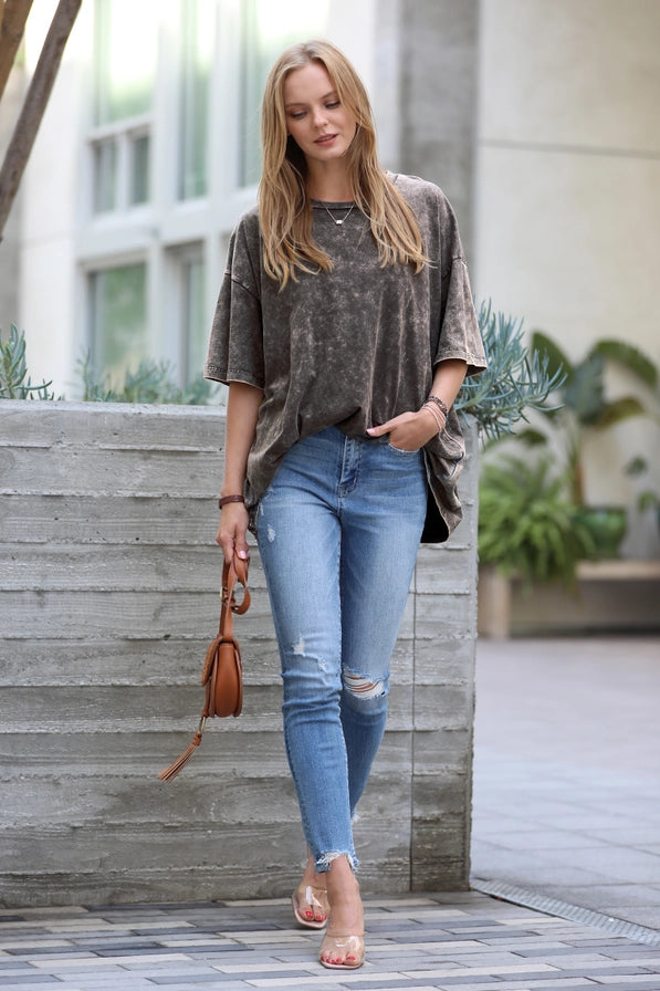 Acid Wash Cotton Oversized Tee: ASH BLACK