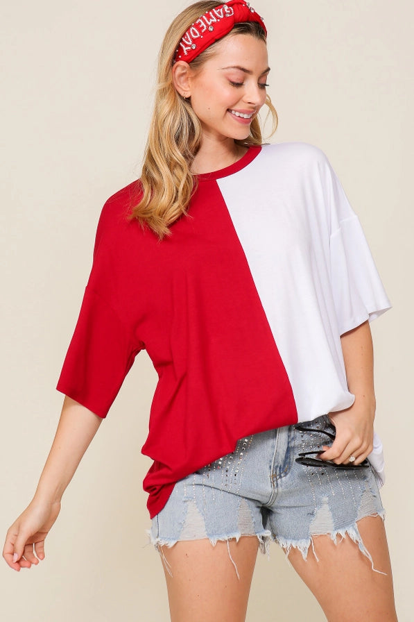 Game Day Multi Color Knit Top: DEEP RED/WHITE