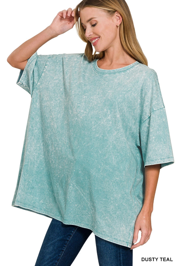 Acid Wash Cotton Oversized Tee: DUSTY TEAL