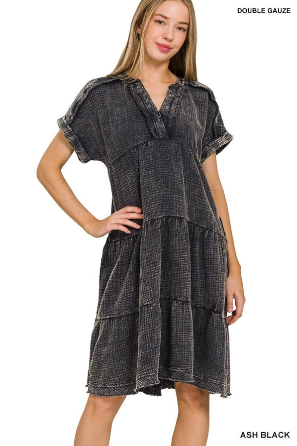 Washed Double Gauze Raw Edge V-neck Dress: ASHBLACK