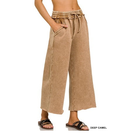 Acid Wash Fleece Palazzo Sweatpants W/Pockets  DEEP CAMEL